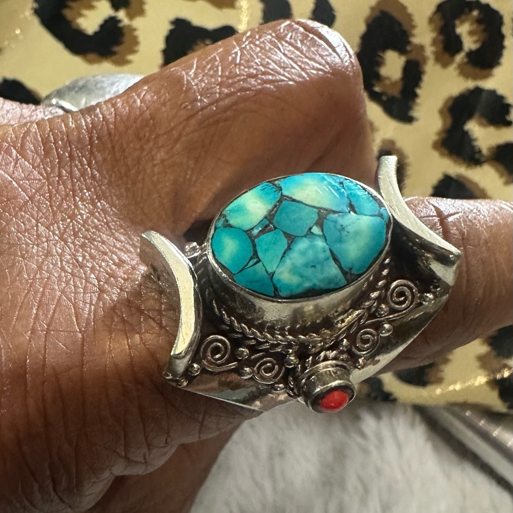 Custom Nepal Turquoise and Silver chunky unisex Ring 11